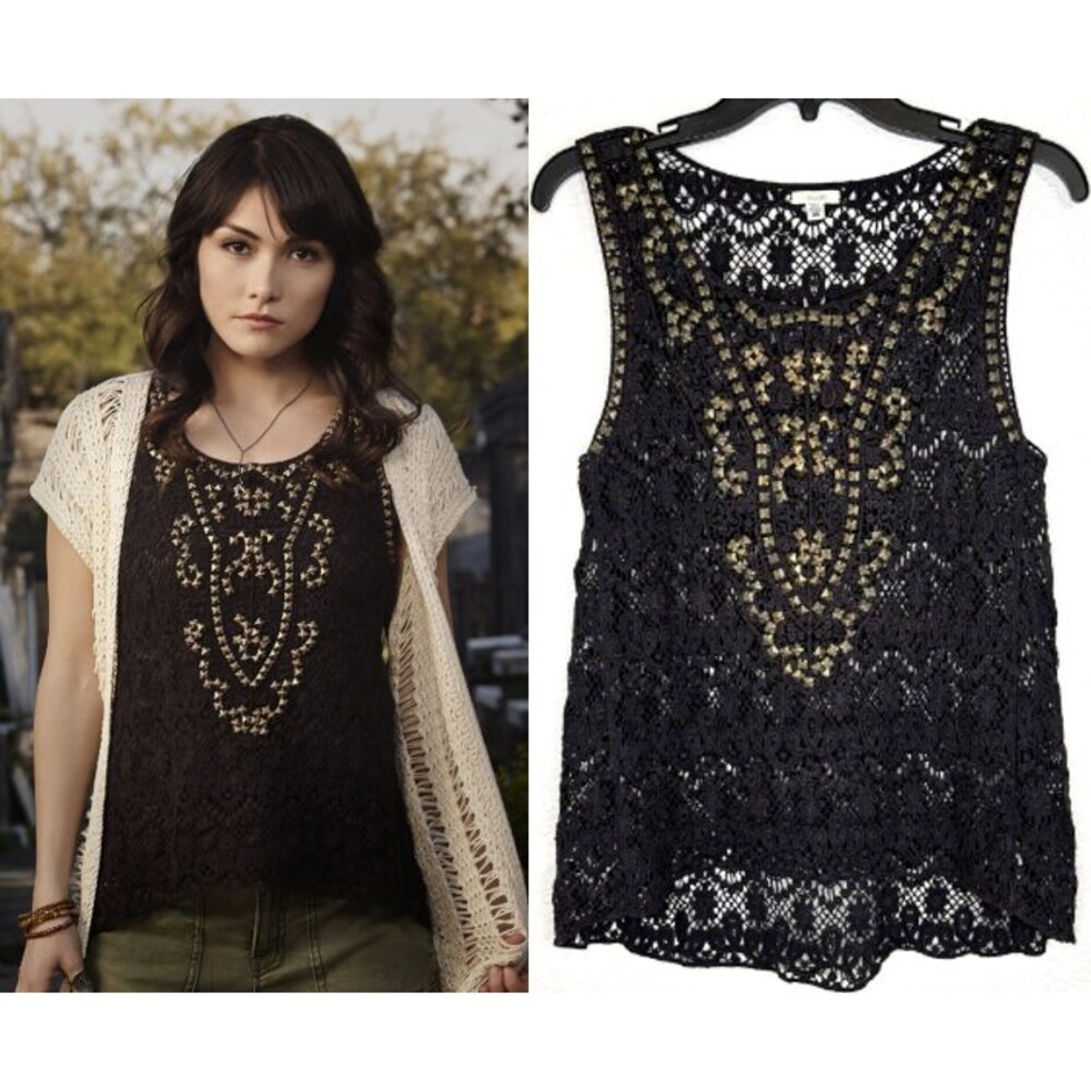 Ecote Urban Outfitters Women's Black Tank Top Cami Crochet Lace Studded‎ Boho XS